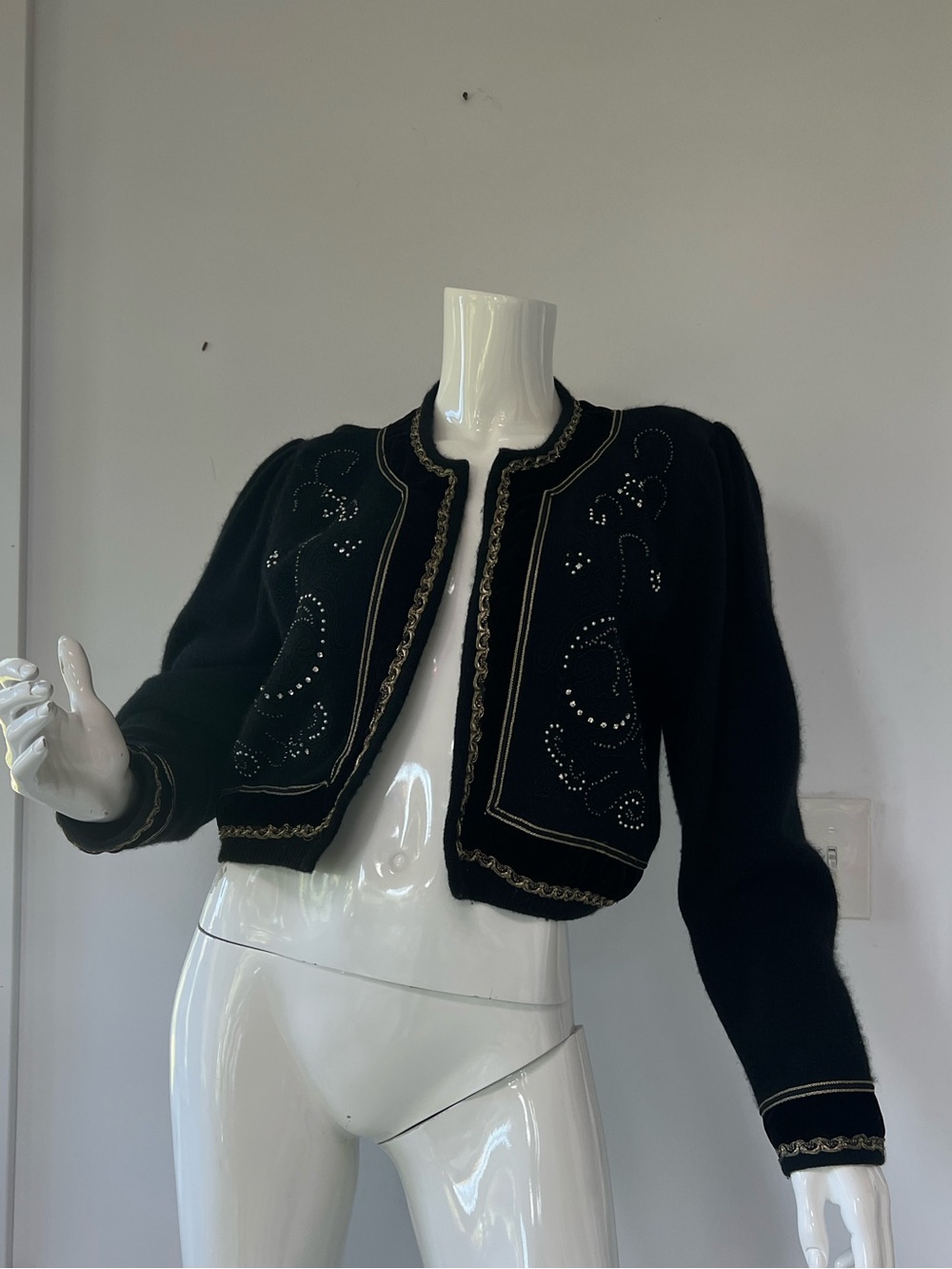 Magnolia Lambswool Angora Blend Cropped beaded Velvet Cardigan Made in Hong Kong